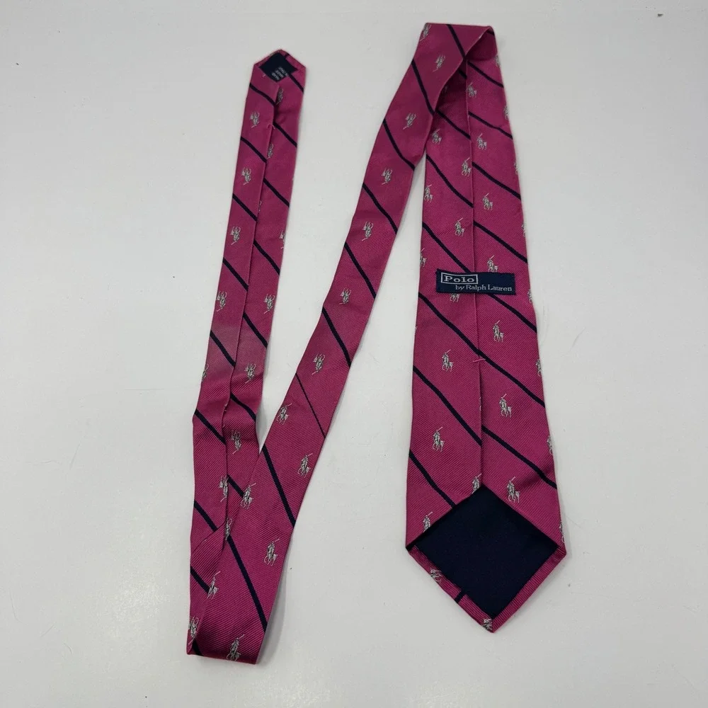 Polo Ralph Lauren Silk Tie Pink Navy Blue Stripe Pony Logo Hand Made Italy